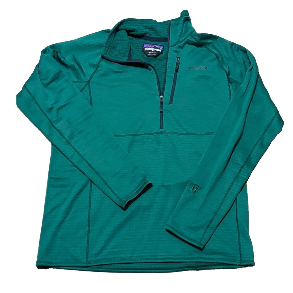 Patagonia Mens L R1 Polartec 1/2 Zip Dark Borealis Green Waffle Logo Thermal